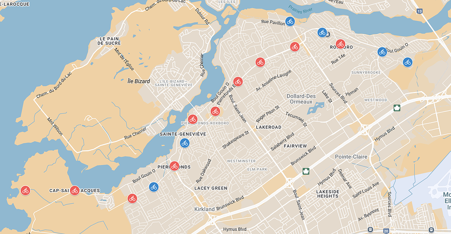Carte des stations BIXI à Pierrefonds-Roxboro avec des stations suggérées