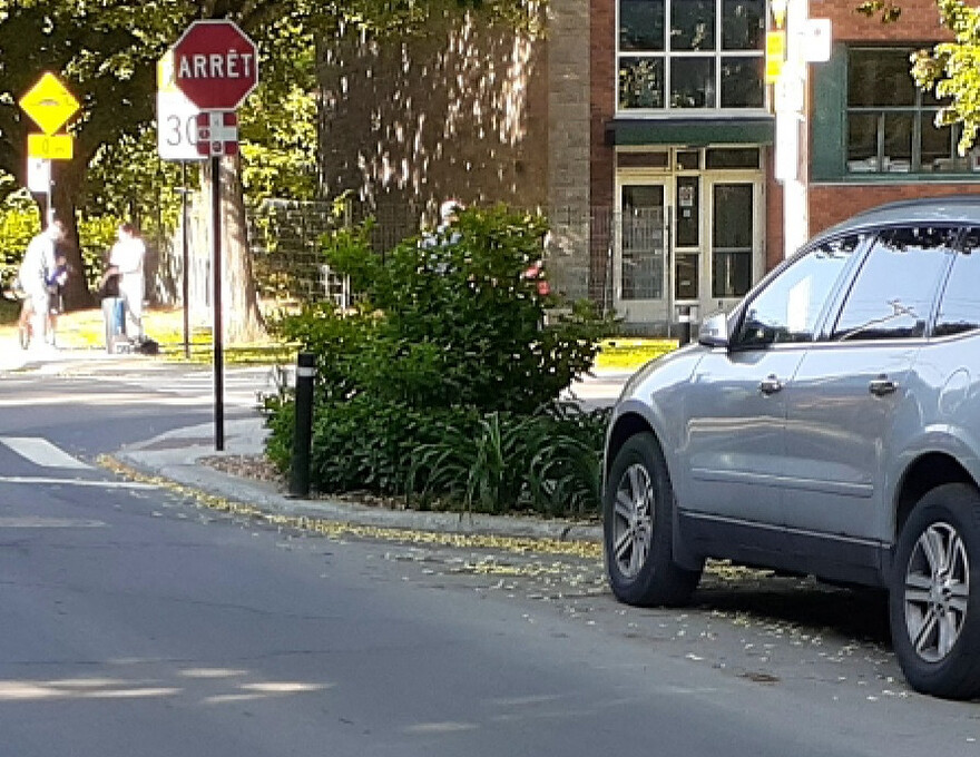 Buisson dans une saillie, qui, par sa hauteur, pourrait empêcher de voir un piéton qui voudrait traverser, près de l’école Saint-André (Photo prise le 16 juin 2025 : Philippe Rachiele, JDV)