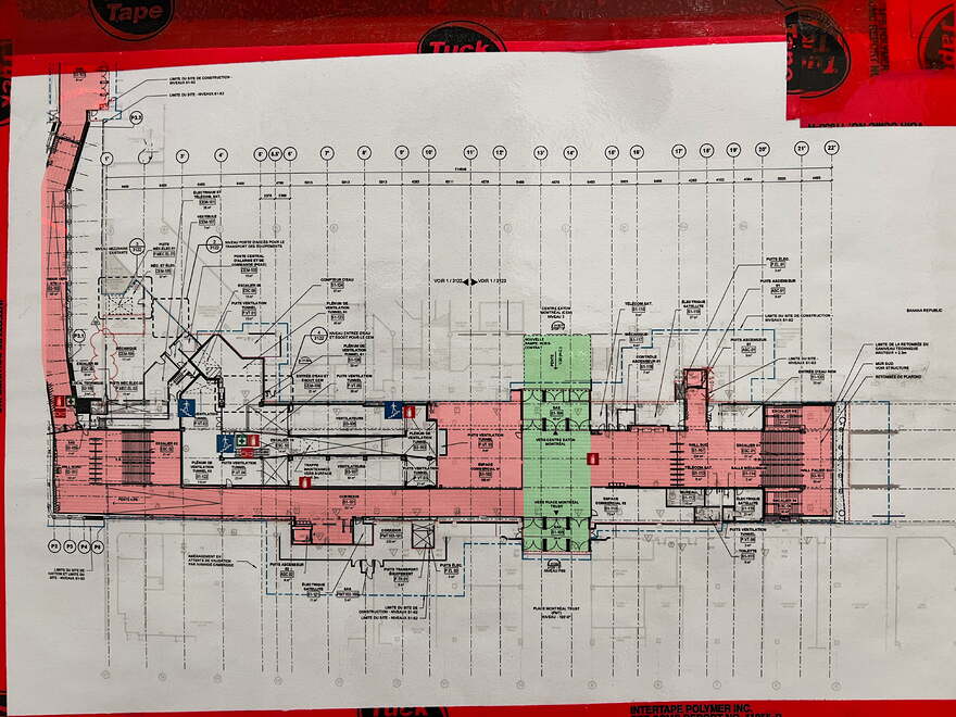 Floorplan on the McGill REM station, with the closed sections labeled in red, and open labeled in green. The hallway between Montreal Trust and Eaton Centre has been opened completely, with three sets of doors. The passageway to the métro and northern REM entrance is still closed