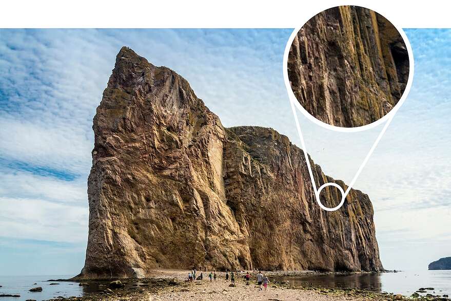 Si l’on regarde attentivement cette photo du rocher Percé, on se rend vite compte que le plus célèbre caillou du Québec est fait d’une série de strates orientées à la verticale, qui sont d'anciennes couches sédimentaires.