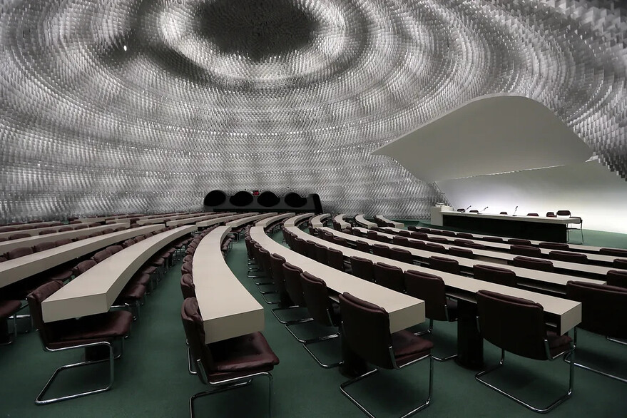Under the dome, the aluminum-clad assembly room of the PCF headquarters remains a striking interior.Photographer: Jacques Demarthon/AFP via Getty Images