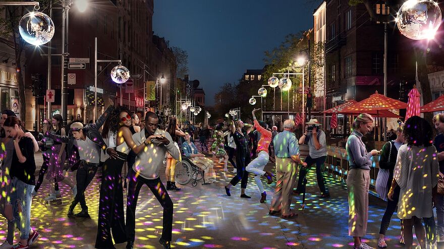 Modélisation de la rue Sainte-Catherine Est le soir avec des gens qui dansent et des boules disco.