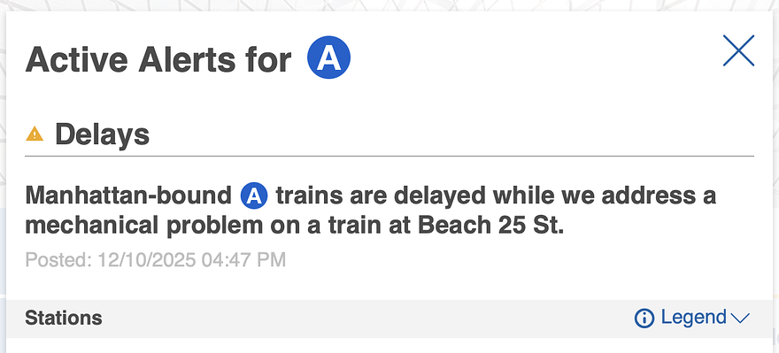 Images says: Manhattan-bound A trains are delayed while we address a mechanical problem on a train at Beach 25 St.