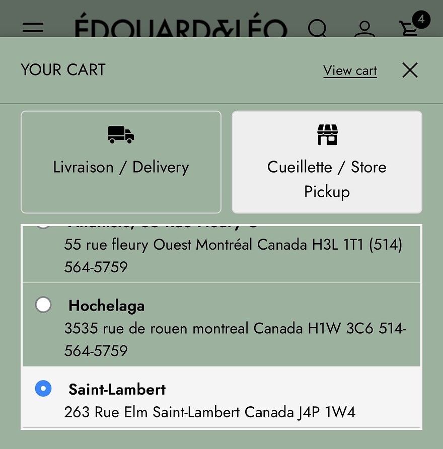 Capture d’écran des options de cueillette sur le site de Édouard et Léo. Une des options est le 263, rue Elm à Saint-Lambert.