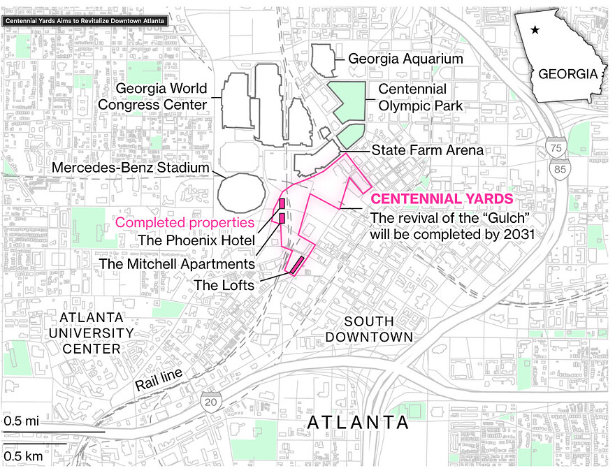 Note: Footprints for The Phoenix Hotel and The Mitchell Apartments are approximate based on drone footage, since official footprints are not yet available. Source: CIM Group, Bloomberg reporting