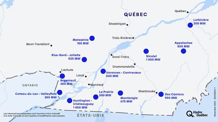 Hydro-Québec a dévoilé une nouvelle carte jeudi en prévision de l'appel d'offres qu'elle compte lancer en mars 2026 pour de nouvelles productions éoliennes. — Photo : Hydro-Québec