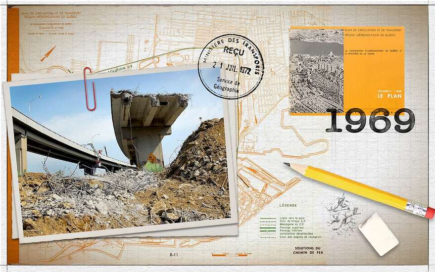 Les fameuses bretelles inachevées de l'autoroute Dufferin-Montmorency, au moment de leur démolition, en 2007.