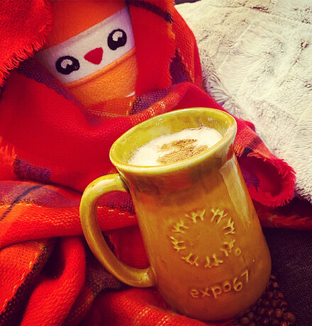Photo de la peluche  Ponto, le cône orange, sous une couverture rouge avec une tasse de boisson chaude. Sur taasse, on voit le logo d'Expo 67