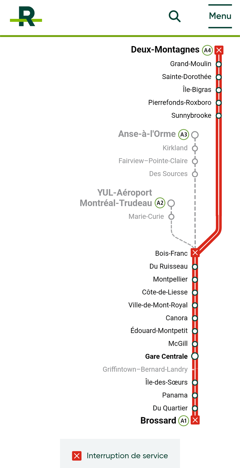 capture d'écran de la carte de réseau montrant une interruption complète de service sur les antennes A1 et A4 ainsi qu'un schéma des antennes A3 et A2 prévues pour 2026 et 2027
