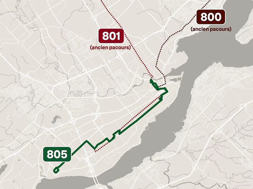 Le tronçon des parcours 800 et 801 situé entre le terminus Marly et le centre-ville de Québec sera dorénavant desservi par le Métrobus 805. Photo : Radio-Canada