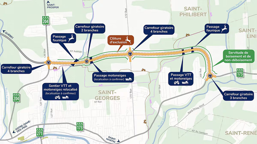Le tracé retenu par le ministère des Transports et de la Mobilité durable pour le prolongement de l'autoroute 73. Photo : Source: Ministère des Transports et de la Mobilité durable