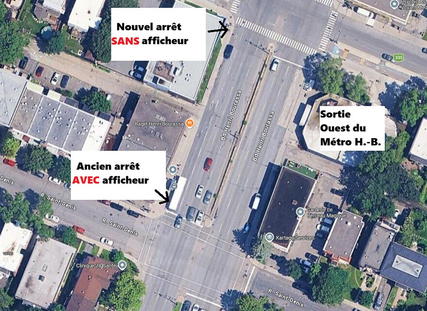 Les usagers des autobus en direction ouest qui vont prendre le bus par la sortie ouest du métro Henri-Bourassa n’avaient plus accès aux informations concernant leurs lignes de bus depuis que l’arrêt avait été déplacé sans l’afficheur sur le boulevard. (Carte : Google maps, ajouts : JDV – Philippe Rachiele)