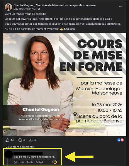 Sous une publication de la mairesse de MHM qui annonce qu'elle donnera un cours de mise en forme au parc Bellerive, une personne a demandé s'il y aura des cendriers