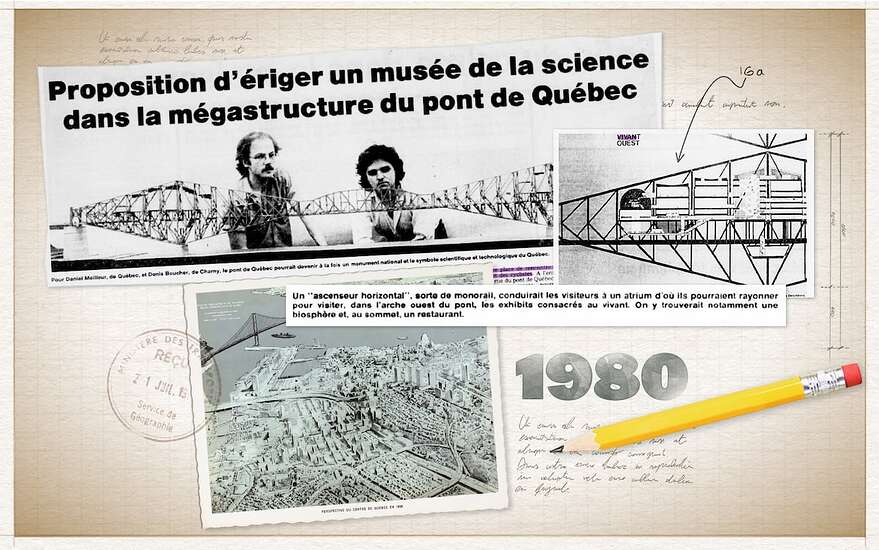 Même au début des années 1980, la construction d'un pont-tunnel semblait encore sûre et certaine. Tellement que des gens réfléchissaient à la meilleure façon d'utiliser le pont de Québec, ce 1er lien devenu inutile. Une proposition voulait même aménager un musée de la science dans la structure!