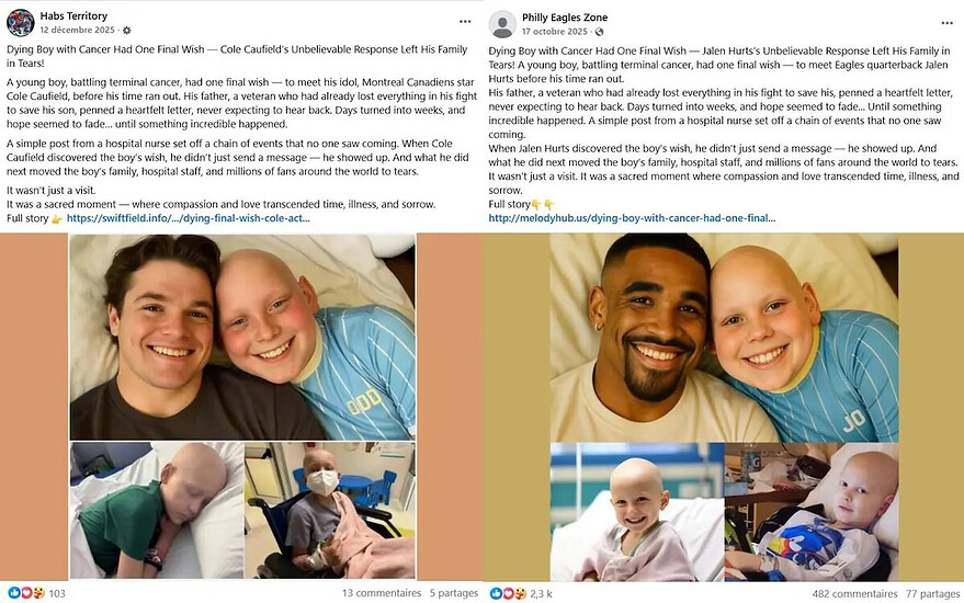 La même fausse histoire partagée sur deux pages Facebook met en vedette des joueurs de différentes équipes sportives. — Photo : Habs Territory / Philly Eagles Zone / Facebook