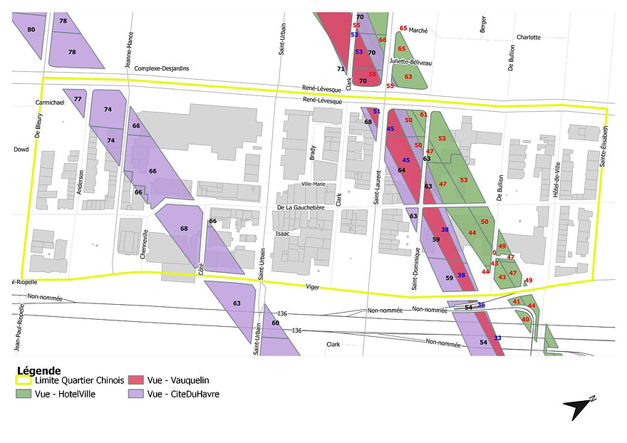 Les vues d’intérêt menacées vers le mont-Royal (avec les cotes altimétriques)