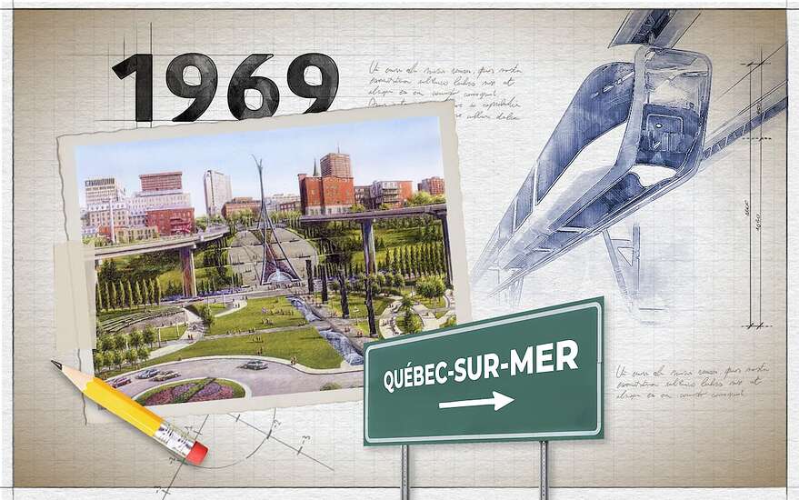 Une maquette de l’escalier monumental proposé par le maire Jean-Paul L’Allier en 2003 et l'un des nombreux projets de monorail imaginés au fil des ans.