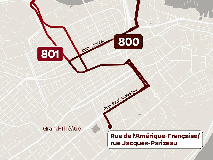 À compter du 21 mars, les parcours 800 et 801 se termineront dans le secteur du Grand Théâtre. Photo : Radio-Canada