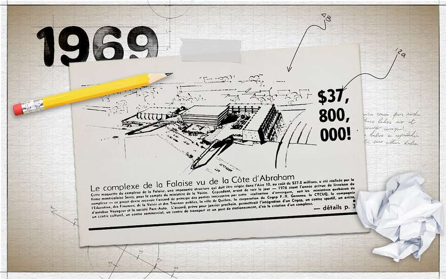 Un croquis du projet du Cégep Garneau dans un méga complexe «de prestige», publié dans L'Action-Québec du 6 novembre 1972.