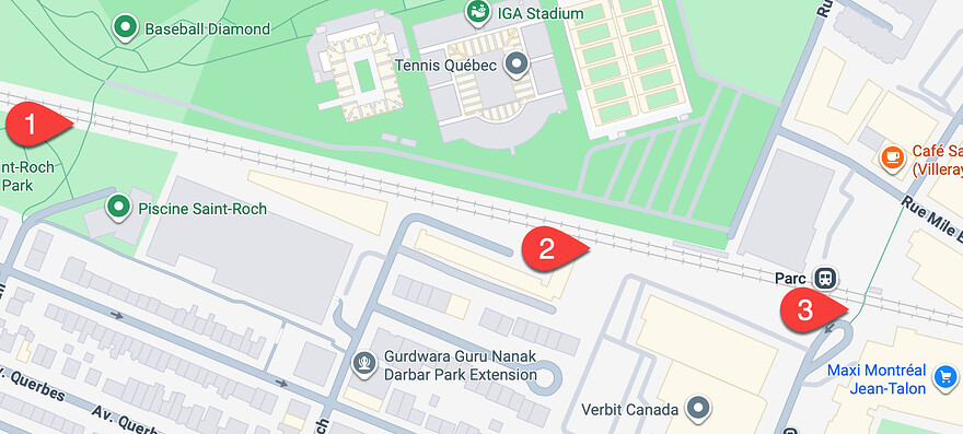 Carte autour de la gare Parc avec 3 libellés numérotées