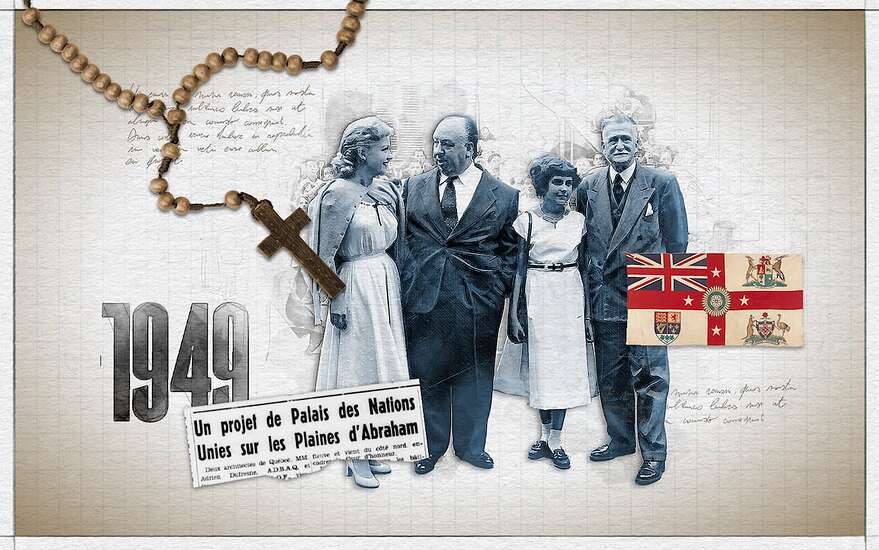 Le réalisateur Alfred Hitchcock à Québec en compagnie du maire Lucien Borne, en 1952