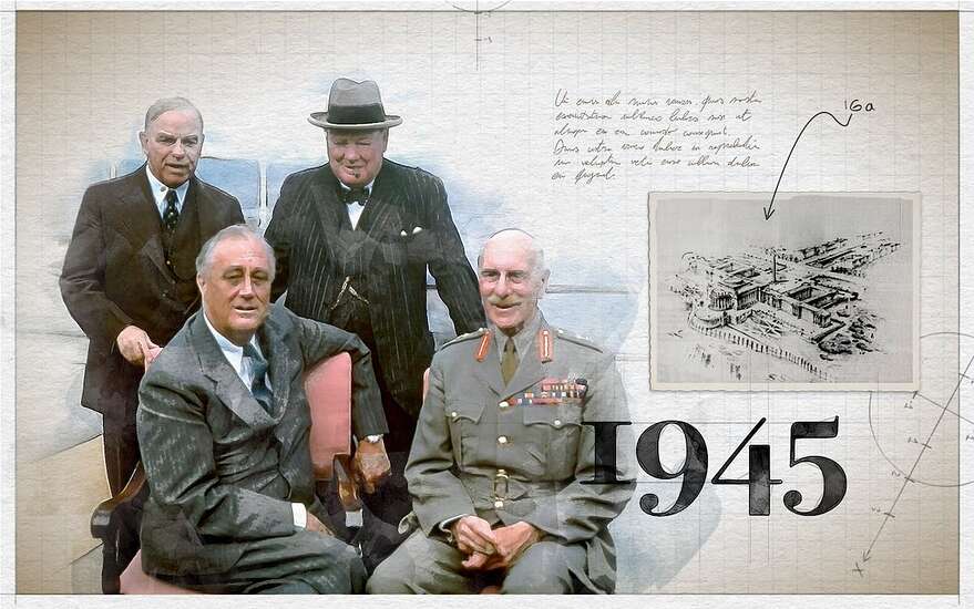 Rencontre au sommet à Québec le 19 août 1943. Sur la photo, on voit à l'arrière le premier ministre du Canada de l'époque Mackenzie King et son homologue de la Grande-Bretagne Winston Churchill. À l'avant, le président américain Franklin D. Roosevelt et le gouverneur général du Canada, Alexander Cambridge. Une esquisse du Palais des Nations Unies sur les Plaines d'Abraham publiée dans Le Soleil du 9 juin 1945.