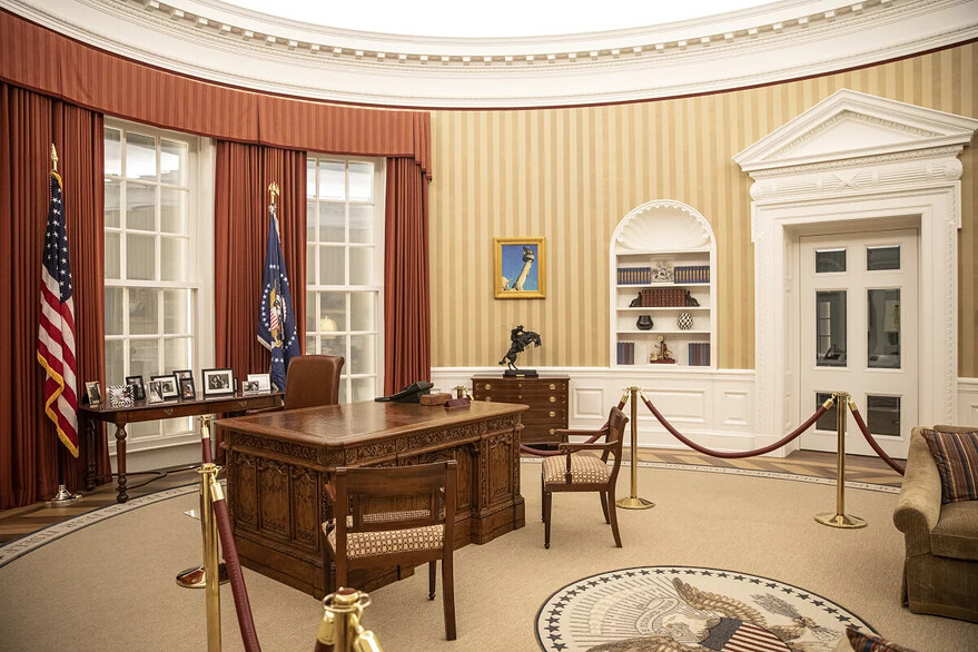 Level four of the Obama Presidential Center includes a replica of the Oval Office and pieces from Michelle Obama's wardrobe. - Lucy Hewett for NPR
