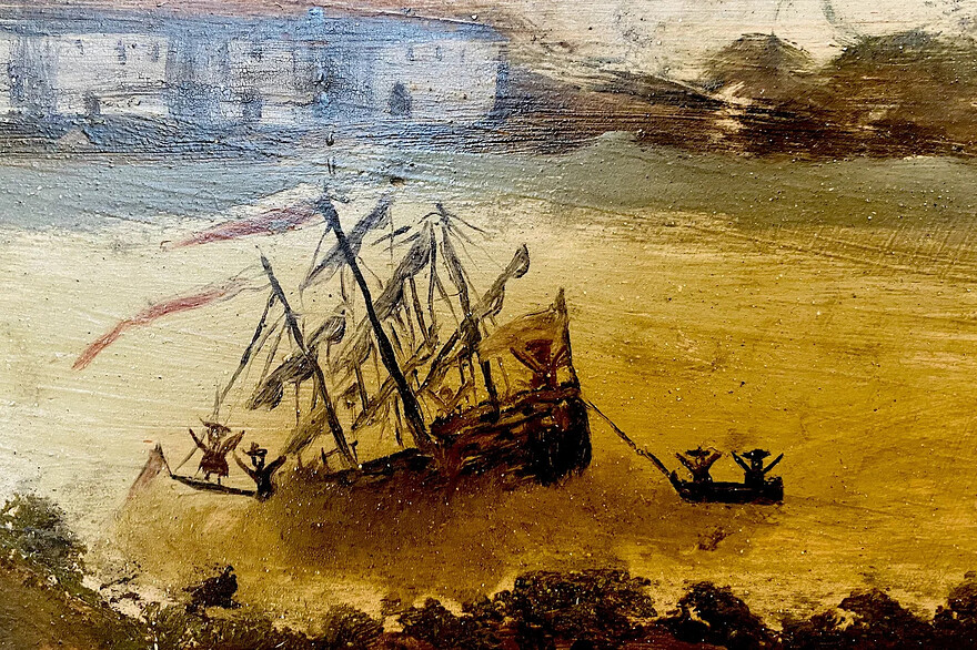 Photo: Dave Noël, Le Devoir — Le panorama des Augustines présente notamment un vaisseau qui semble faire naufrage, comme l'illustrent ces personnages appelant à l'aide en levant les bras.