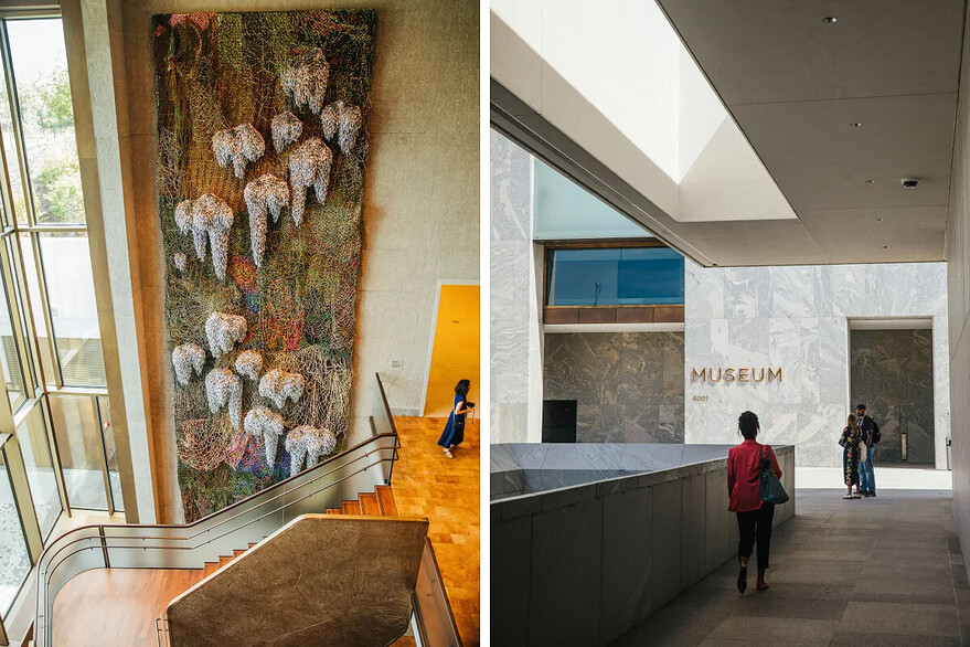 Visitors pass through the center; artist Nick Cave's "This Land, Shared Sky" (in collaboration with Marie Watt) is on display. - Lucy Hewett for NPR