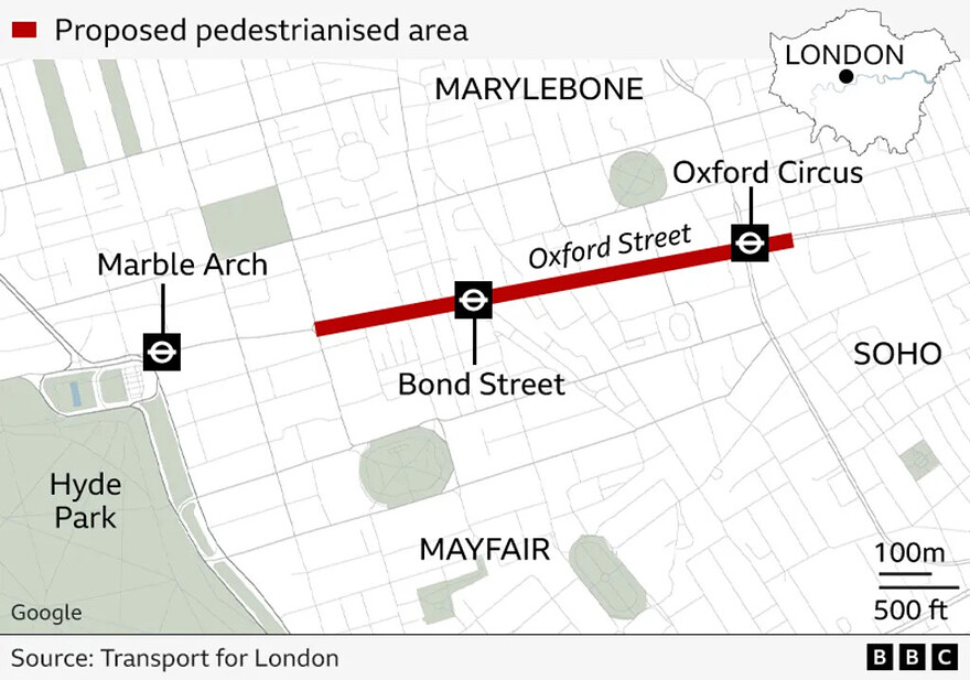 The decision means Oxford Street will be closed to traffic between Orchard Street and Great Portland Street