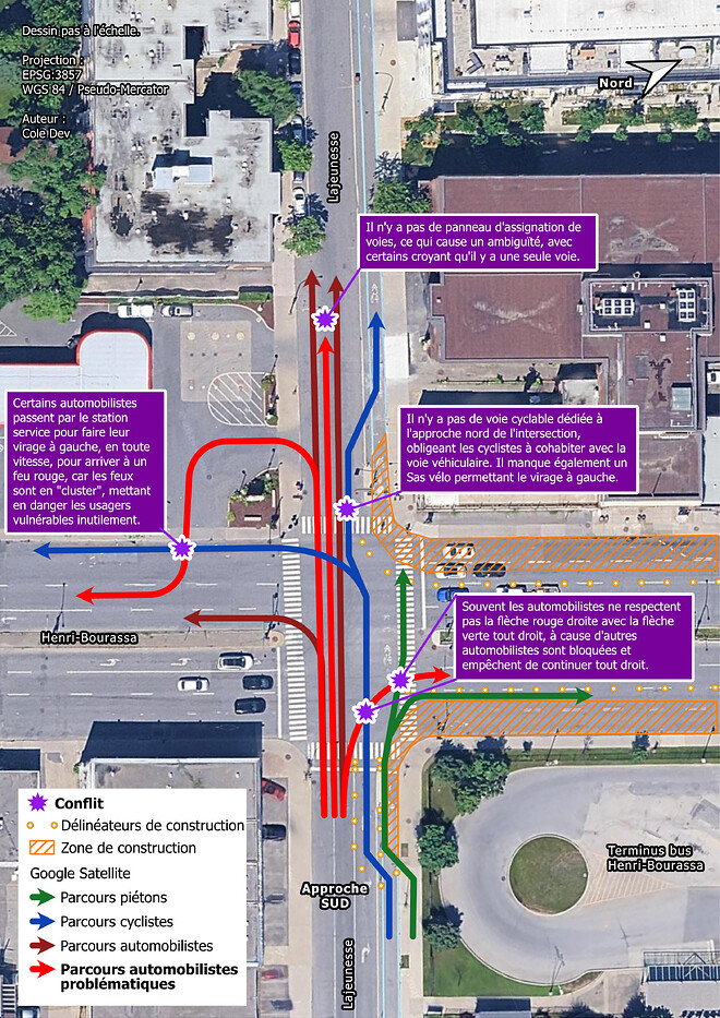 Plan des parcours piétons, cycliste et automobilistes à partir de l'approche sud de Henri-Bourassa et Lajeunesse