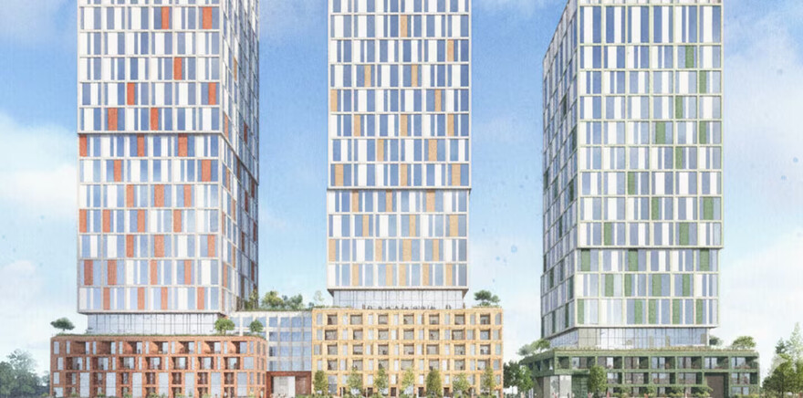 An artist rendering showing three of the buildings planned to be built along Brisebois Crescent. (Forum Asset Management and SvN Architects/report)