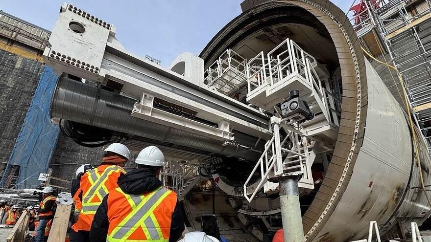 The tunnel boring machine that will excavate the tunnel for Montreal's blue line metro extension. Seen here Feb. 23, 2026, at the construction site of the future Vertières station. (Zachary Cheung, CityNews) By Zachary Cheung