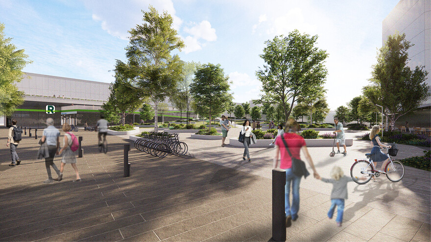 Perspective de l’espace public central du pôle d’innovation et de mobilité