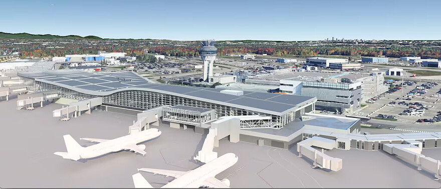 Une maquette montrant les modifications qui seront apportées au terminal, aux passerelles 28 et 29 et l’ajout de l’espace supplémentaire pour accueillir le nouveau carrousel. (YQB)