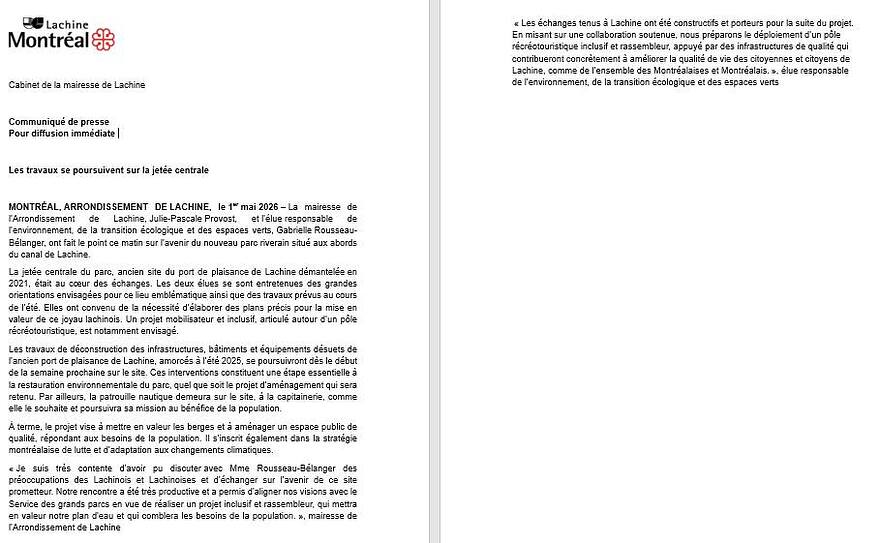 May be an image of text that says 'Lachine Montréal Cabinet ela mairesse Lachine Communiqué presse Pour diffusion immédiate échanges tenus Lachine constructifs pour suite projet. En misant llaboration: nous préparons déploiement d'un unp pole inclusif и36 infrastructuresd qui concrètement améliorer commede l'ensemble l'environnement, transition ecologique sur vie Montréalai élue responsable des espaces verts Bélanger, ARRONDISSEMENT TArrondissement Provost, de| transition écologique des point matin Lavenir mairesse centrale ouveau Gabrielle riverain situé abords plaisance entretenues grandes envisage. port mis bâtiments 2025, début terme, del population. comme berges aménager dans public de stratégie avec aete été parcs realser TArrondissement Rousseau-B Lavenir visions mettra mairesse permis inclus de population.'