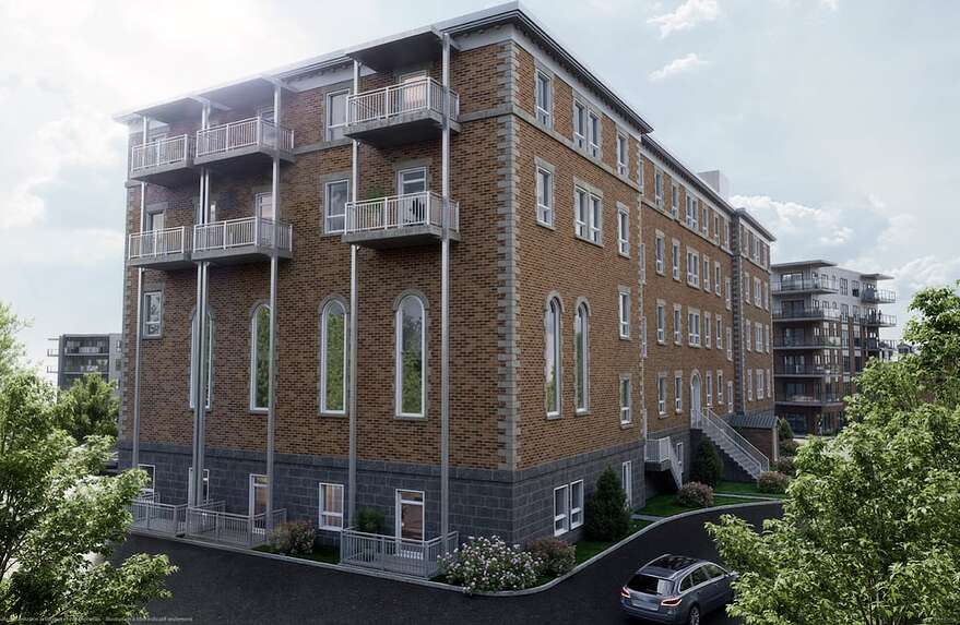 L'ancien couvent, avec le nouveau bâtiment situé à l'arrière. Certains logements du couvent pourraient possiblement être équipés de balcons.