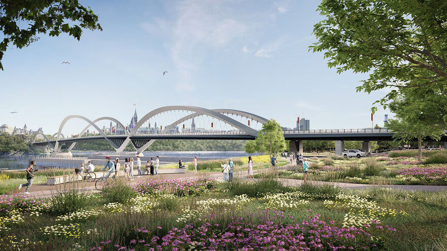 The bridge’s form is defined by three undulating arches that reference the river’s moving water, the contours of the shoreline and escarpment, and the curved facade of the Canadian Museum of History. (NCC)