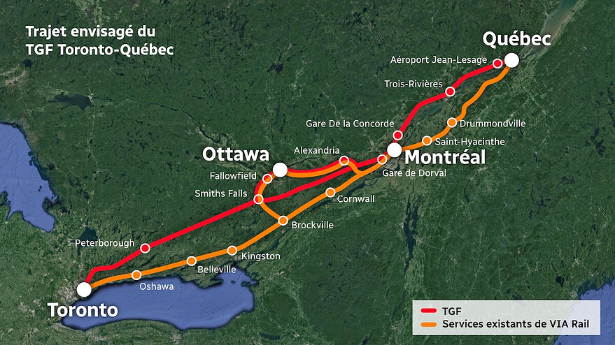 Le TGF empruntera la rive nord du fleuve Saint-Laurent pour relier Toronto à Québec.