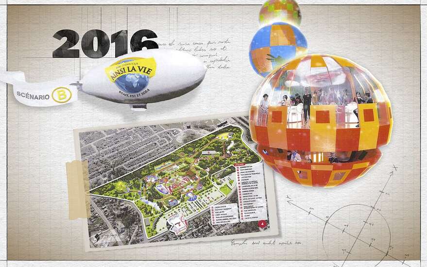 Un plan du parc thématique qui était projeté sur le site de l'ancien zoo et un aperçu des boules de Noël géantes contenant chacune une salle à manger.