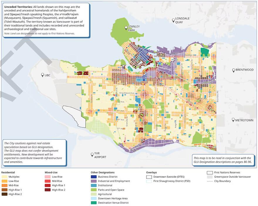 Carte générale d'occupation du territoire telle que proposée dans la version préliminaire du Plan officiel de développement de la Ville de Vancouver. Photo : Ville de Vancouver