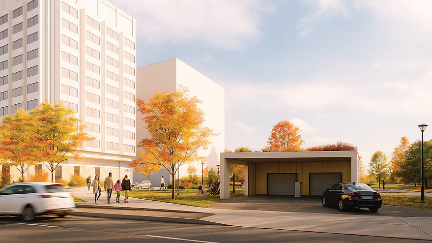 L’entrée et la sortie du futur stationnement intérieur seront situées sur le boulevard Hochelaga, dans l’alignement de l’intersection avec la rue Soulanges. — Photo : Crédit : SQI/Coarchitecture