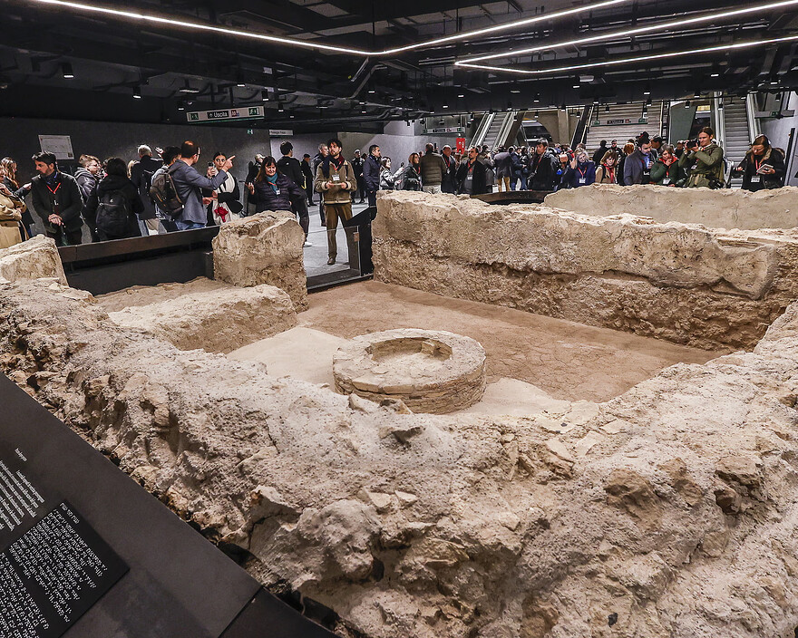 Journalists admire archaeological finds during the inauguration of the Colosseo-Fori Imperiali station on the Metro C line in Rome. Photograph: Anadolu/Getty Images