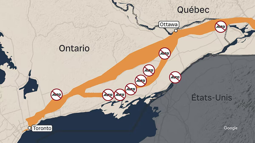 Cette carte du sud de l'Ontario et du Québec montre le trajet du TGV avec des icônes de villes qui ont adopté des résolutions contre le TGV.
