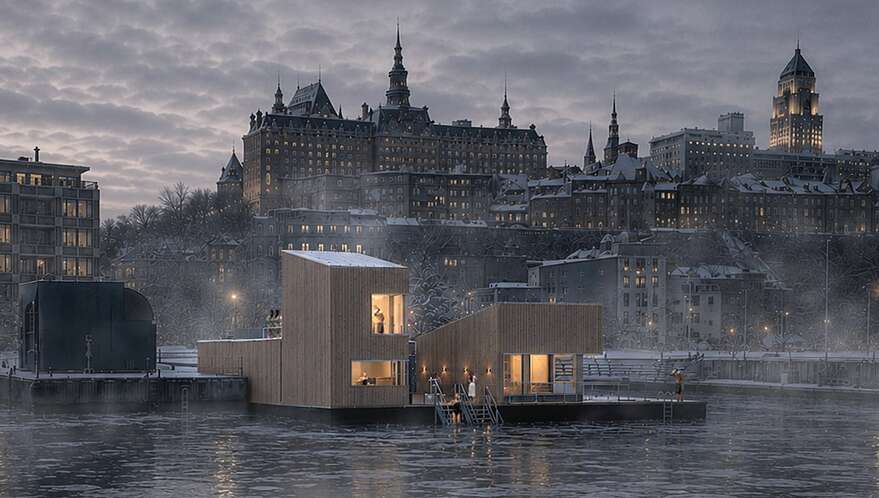 Le projet de sauna flottant de Solstice sauna reposera sur sept barges dans le bassin Louise.
