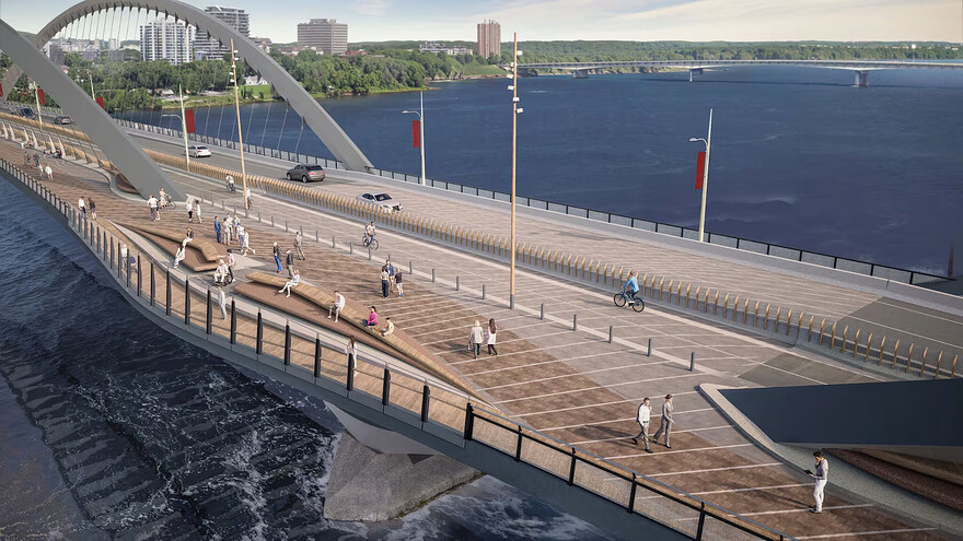 The bridge features seating areas, sheltered nooks, shading structures and wind protection. (NCC)