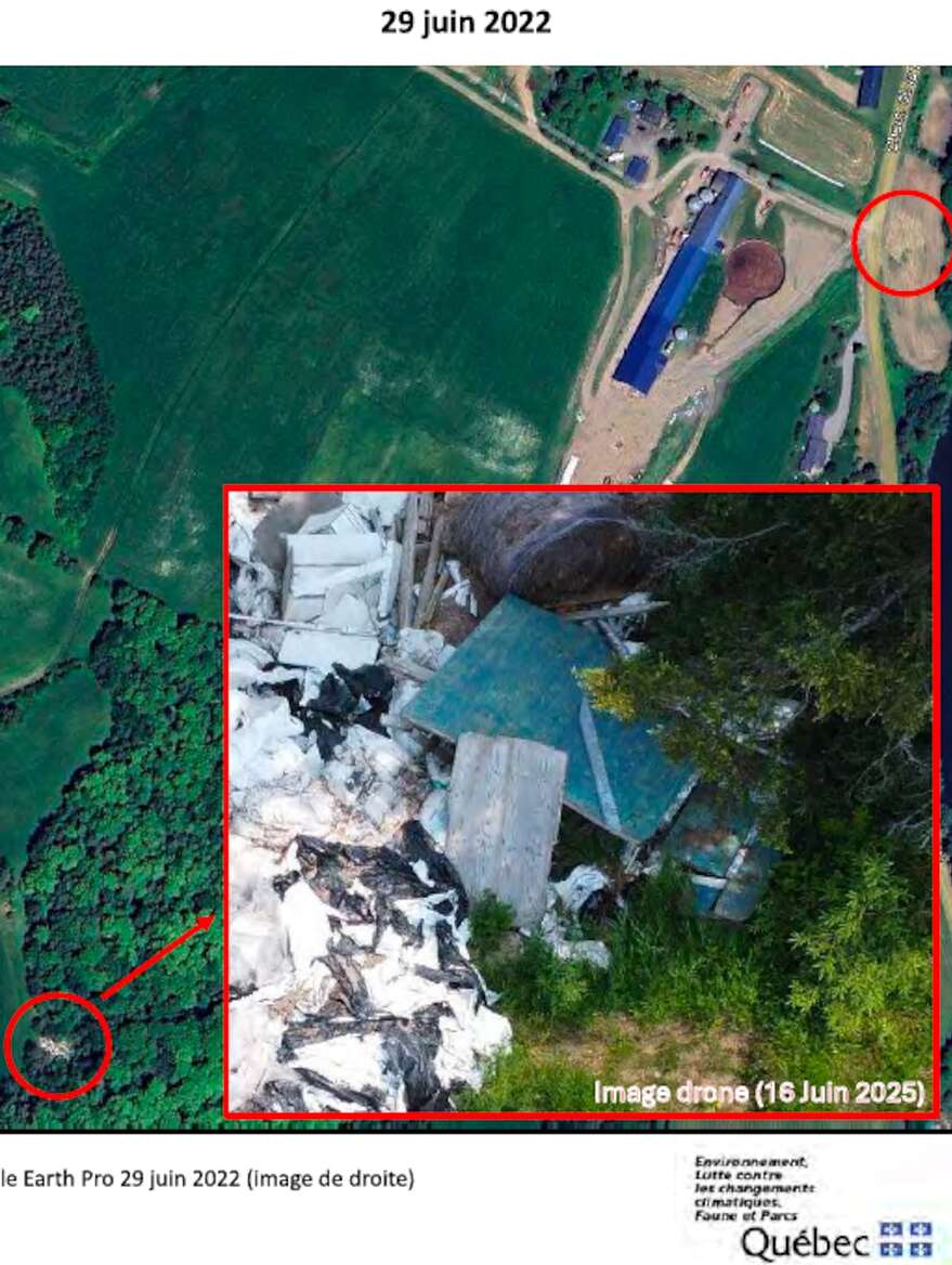 Un autre exemple d'infraction repérée par les images satellites puis confirmée par un drone du ministère de l'Environnement trois ans plus tard.