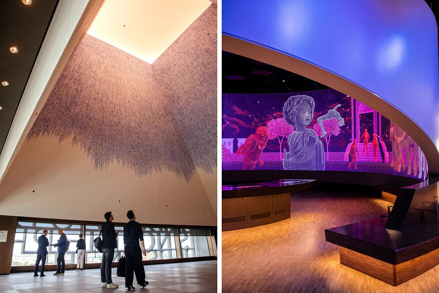 Idris Khan's "Sky of Hope", a massive ceiling painting that overlaps thousands of hand-stamped words; level five of the center inspires visitors to examine their own role in inspiring change. - Lucy Hewett for NPR