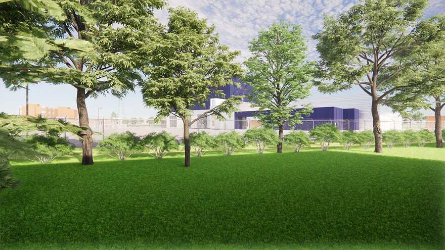 Vue depuis la rue Sabin avec un écran végétal