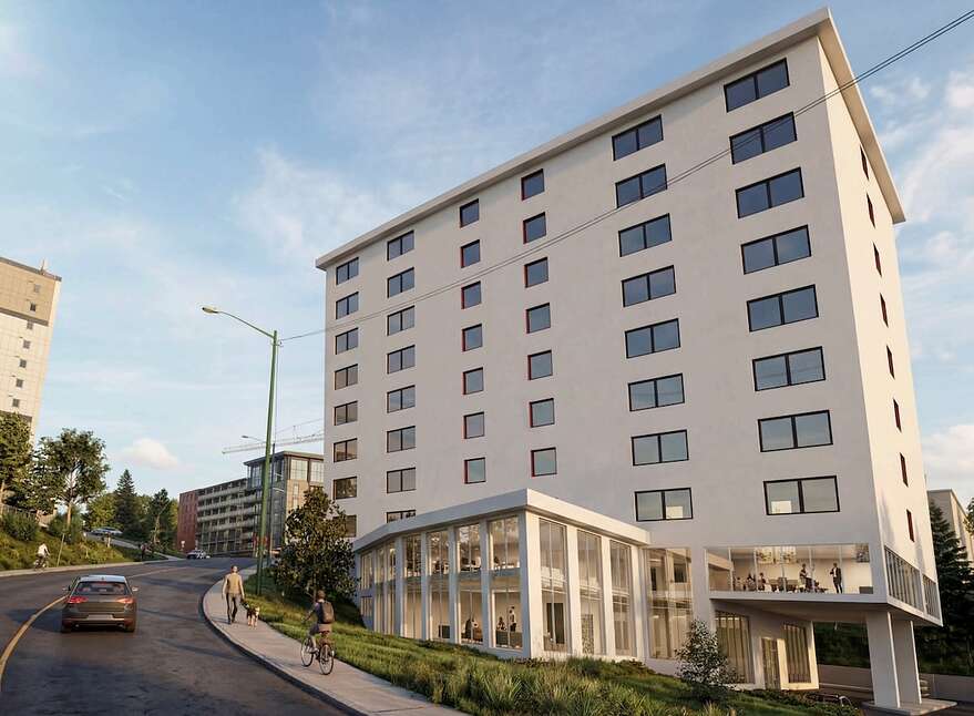Le projet d'hôtel tel que projeté dans le document de la consultation publique. Le rendu ne représente pas les intentions finales du promoteur.